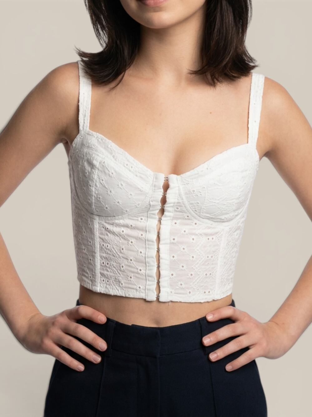 White Eyelet Corset Bustier Crop Top Hook Eye Fits Womens XS